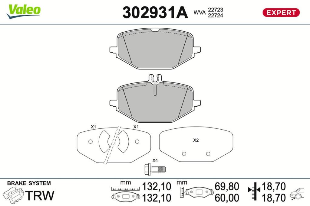 Jeu de 4 plaquettes de frein VALEO ref. 302931A